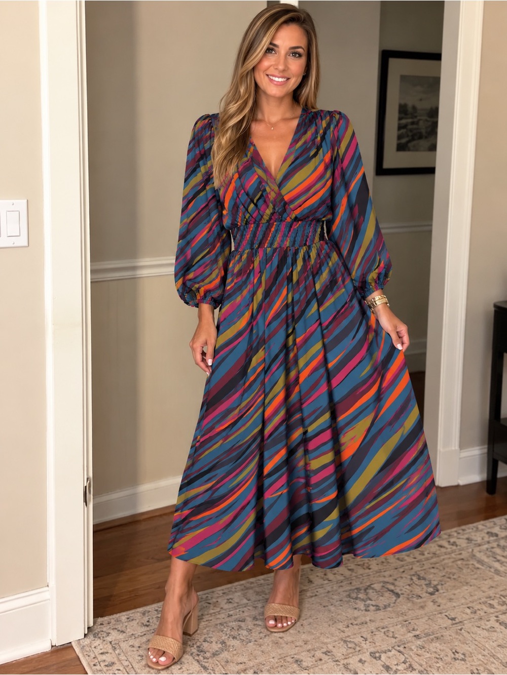 easel Multicolor Diagonal Stripe V-Neck Midi Dress